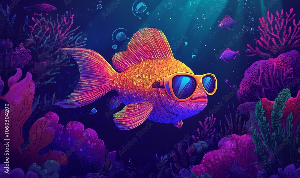 Obraz premium Goldfish wearing sunglasses in an underwater scene.