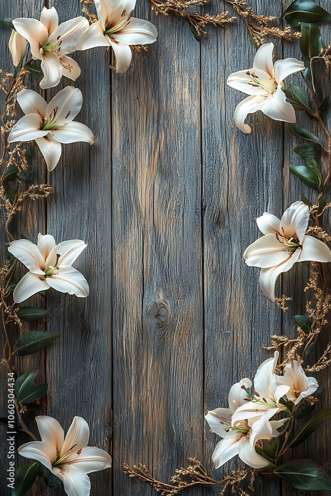 Elegant white lilies framed by rustic wood background create a serene and timeless floral arrangement for home decor Elegant white lilies framed by rustic wood background create a serene and timeless floral arrangement for home decor