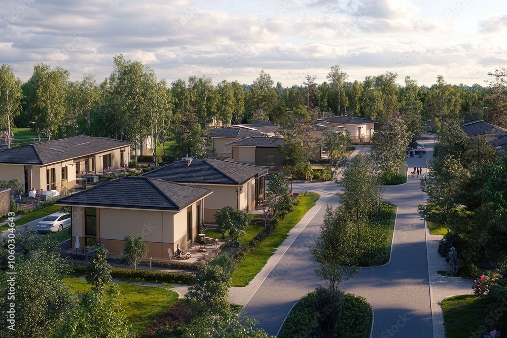 Aerial View of a Serene Residential Neighborhood Surrounded by Trees and Pathways on a Sunny Day Aerial View of a Serene Residential Neighborhood Surrounded by Trees and Pathways on a Sunny Day