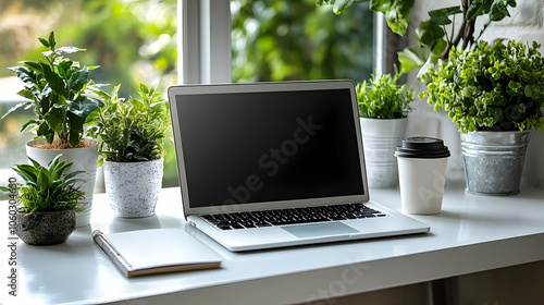 Laptop on a Desk with Plant...