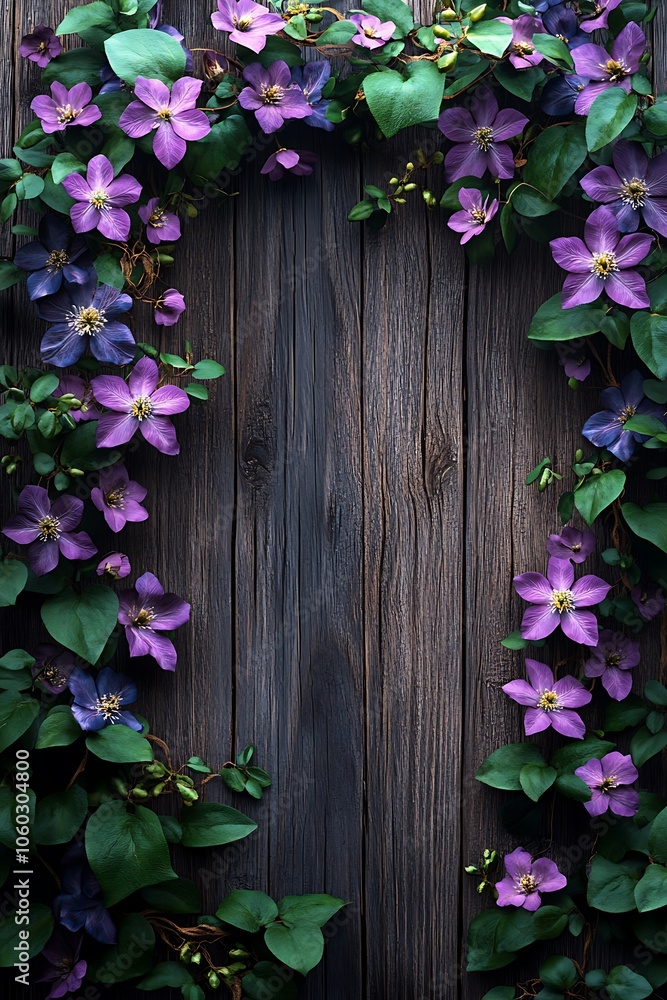 Fototapeta premium Beautiful floral frame on rustic wooden background perfect for nature-inspired designs and decor