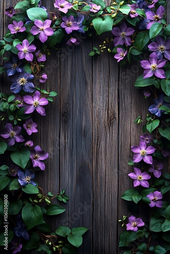 Beautiful floral frame on rustic wooden background perfect for nature-inspired designs and decor