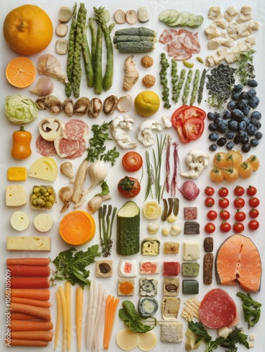 Artistic Food Arrangement: Fresh Vegetables, Fruits, Cheeses, and Proteins in a Colorful Flat Lay Display