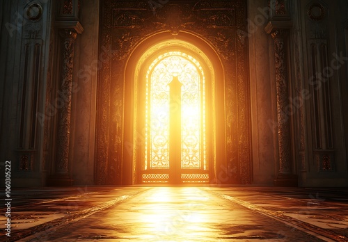 A grand, ornate golden door leads to an ethereal realm with soft lighting and intricate patterns. The room is dark, yet filled with light from the open gate