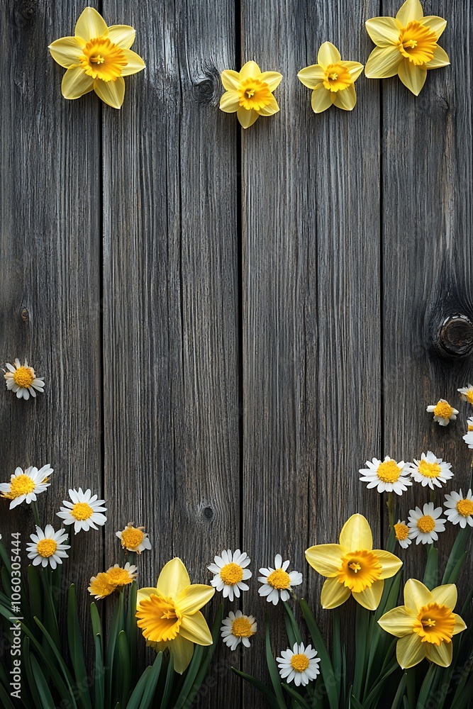 Fototapeta premium Vibrant yellow daffodils and white daisies adorn a rustic wooden background celebrating the beauty of nature in springtime bliss