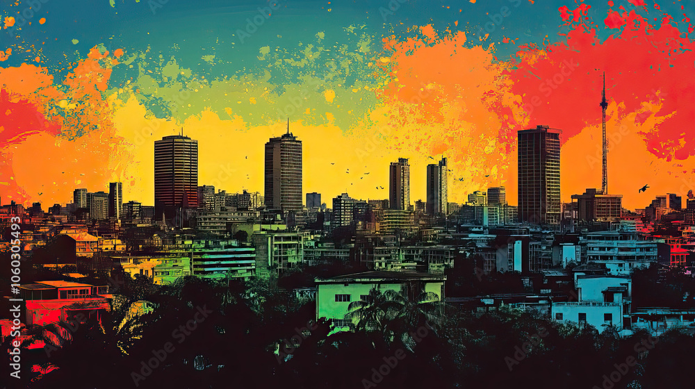 Obraz premium Accra, Ghana, Pop Art style theme print. Cityscape, city skyline.Vibrant, bright, modern, trendy, graphic designed for poster, card, wallpaper
