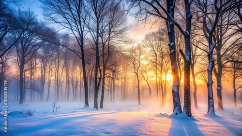 Snowy forest at dawn with bare trees and a misty fog rolling in, winter landscape, serene woods, snowy forest