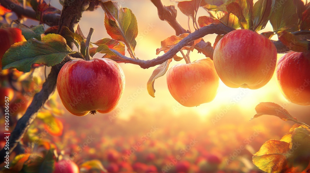 Φωτογραφία Golden Hour Apples A Close-Up of Ripe Fruit Hanging From a Branch Against a Blur