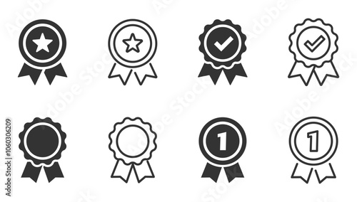 Set of approved or certified medal icons. Approval check symbol. Winning award, prize, medal. Achievement badge. Profile Verification. Quality mark. Vector check mark. Task done. Project completed.