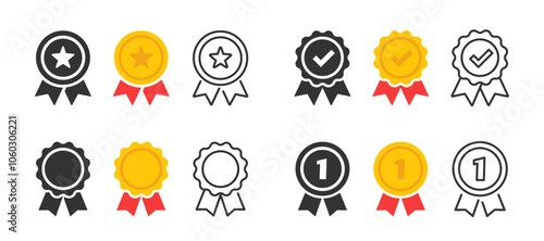 Set of approved or certified medal icons. Approval check symbol. Winning award, prize, medal. Achievement badge. Profile Verification. Quality mark. Vector check mark. Task done. Project completed.