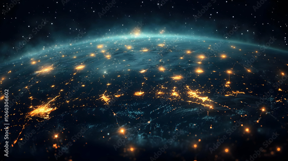 Earth at Night with City Lights and Connected Lines - Realistic Image Earth at Night with City Lights and Connected Lines - Realistic Image
