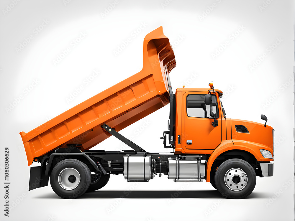 Side view of a new orange dump truck isolated over white background Side view of a new orange dump truck isolated over white background