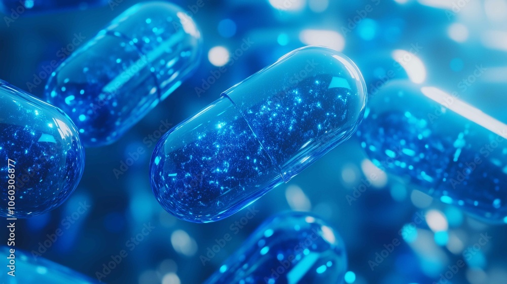 A mesmerizing scene featuring floating blue capsules surrounded by sparkling effects. The dreamy ambiance creates a surreal atmosphere, perfect for backgrounds, wellness, and science-related conc A mesmerizing scene featuring floating blue capsules surrounded by sparkling effects. The dreamy ambiance creates a surreal atmosphere, perfect for backgrounds, wellness, and science-related conc