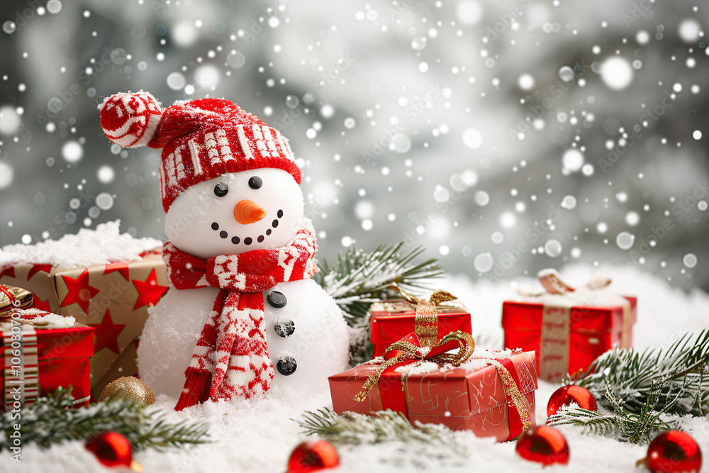 Obraz premium Christmas greeting card with bright winter holiday snowman and New Year background