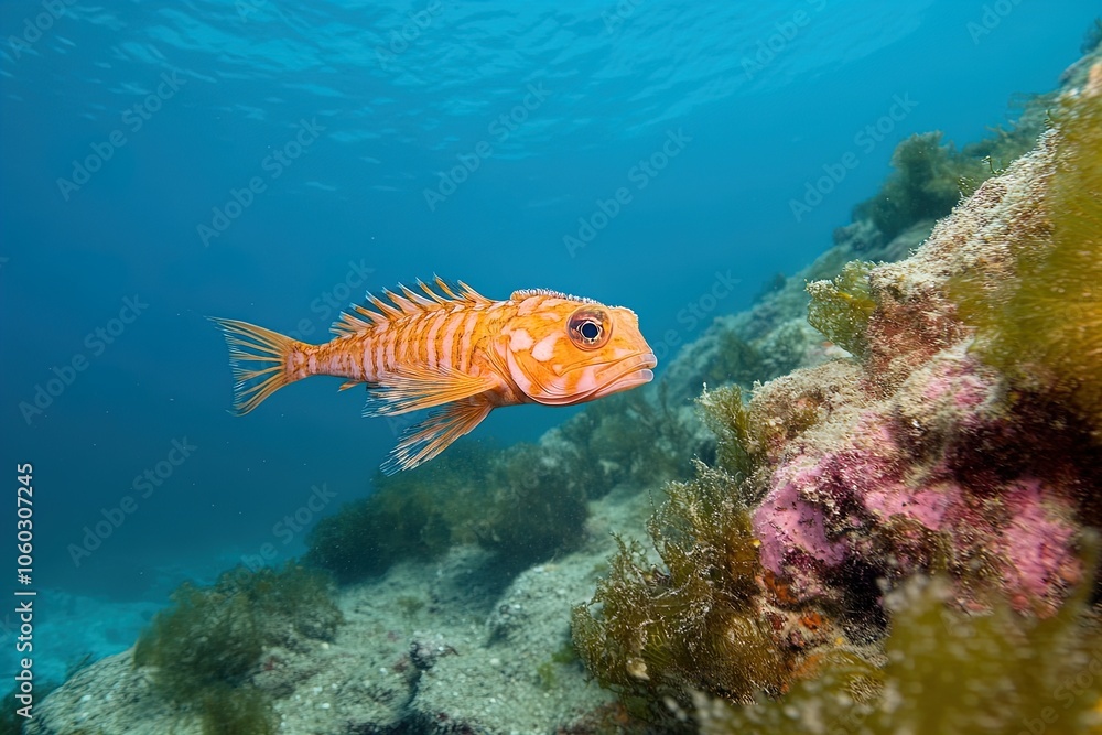 Fototapeta premium Bright Orange Fish Swimming Gracefully Among Colorful Rocks and Seaweed in a Vibrant Underwater Environment