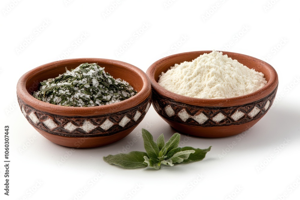 White Bowls of Herbs and Powder on White Background White Bowls of Herbs and Powder on White Background