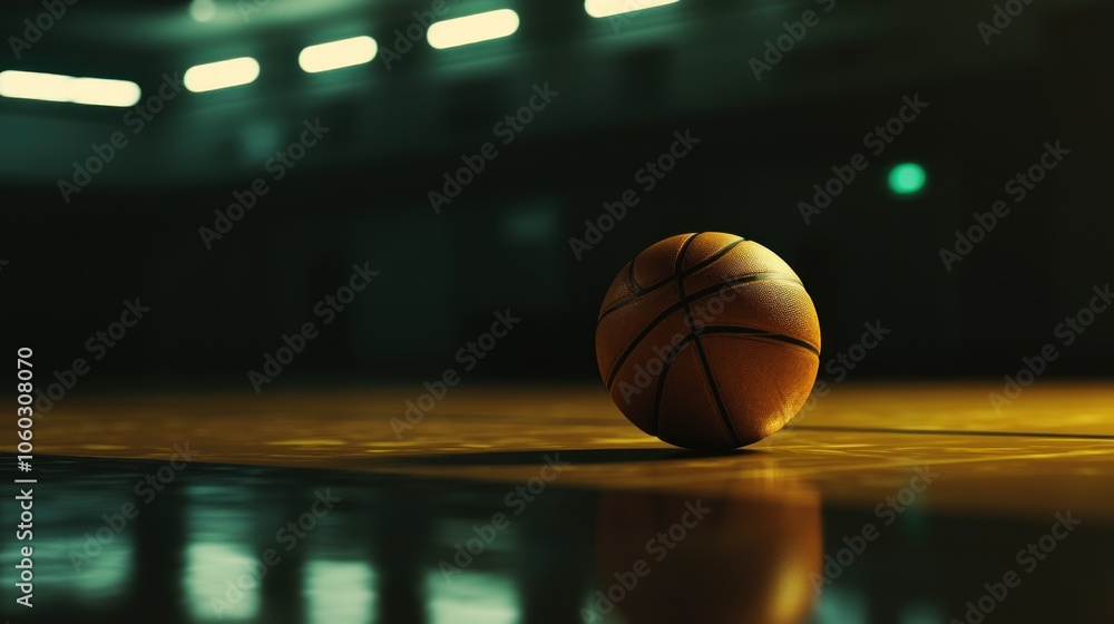 A basketball resting on a polished court, illuminated by soft gym lighting. A basketball resting on a polished court, illuminated by soft gym lighting.