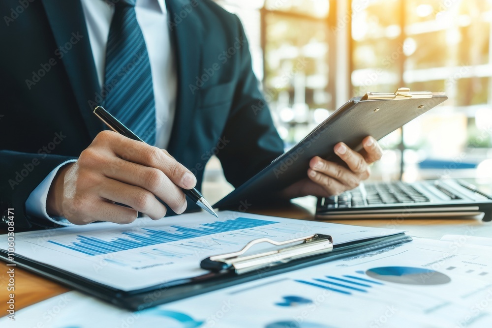 Businessman Holding Clipboard and Writing Notes Businessman Holding Clipboard and Writing Notes
