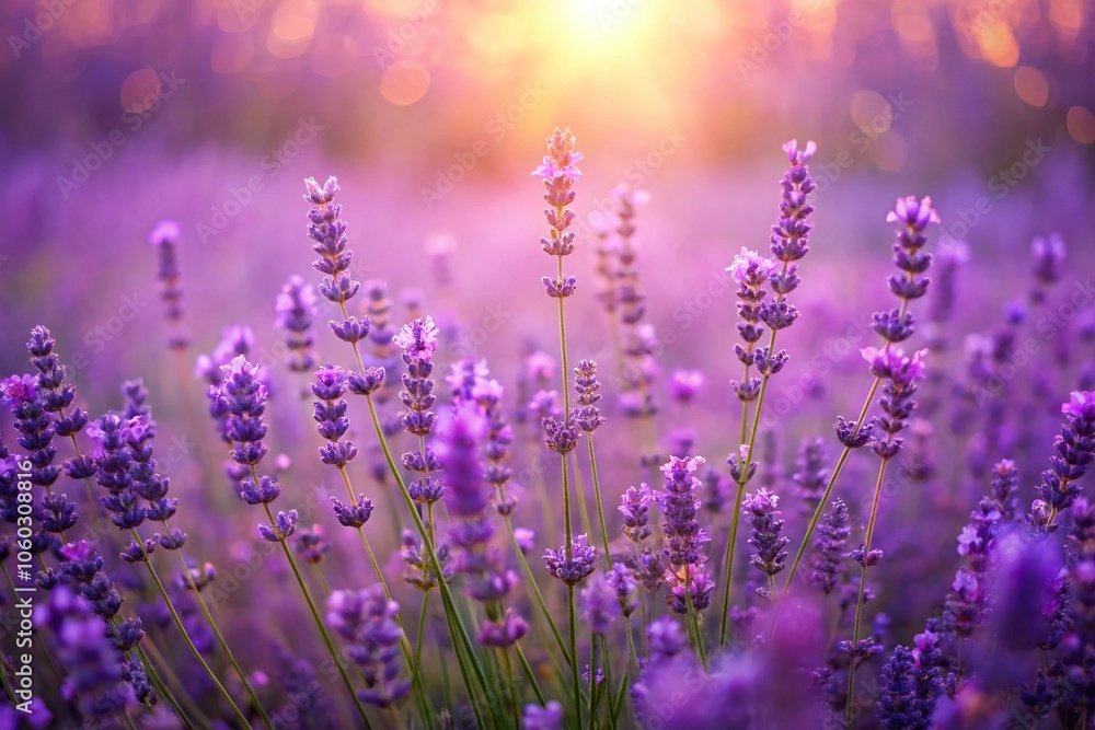Naklejka premium Softly glowing purple lavender fields with gentle wildflowers swaying in the breeze, sunset, lavender fields