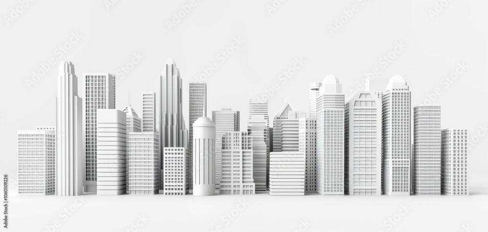 Fototapeta premium A detailed skyline model showcasing various modern skyscrapers in a minimalist style against a white background.
