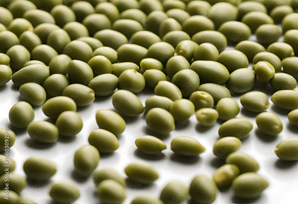 Numerous Green Beans Scattered on a White Background. Numerous Green Beans Scattered on a White Background.
