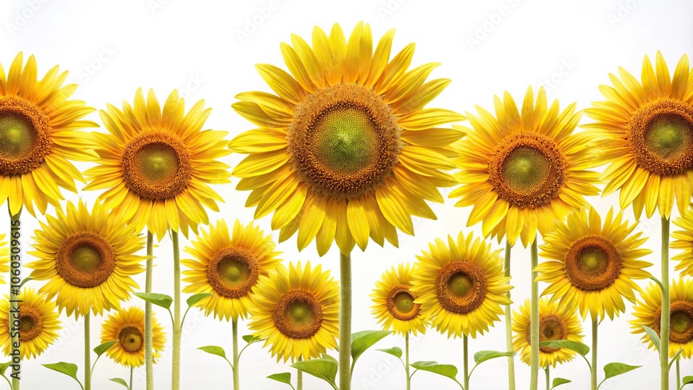 Sunflower field with tall stalks and bright yellow petals in a circular pattern on a white background, nature, landscape, farm Sunflower field with tall stalks and bright yellow petals in a circular pattern on a white background, nature, landscape, farm