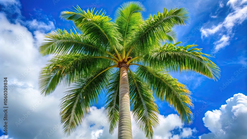 Tall slender trunk and lush palm tree in focus Tall slender trunk and lush palm tree in focus