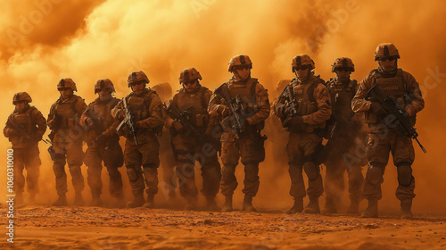 A group of soldiers is walking in a straight line through the desert