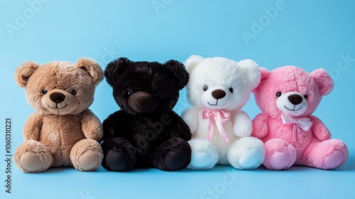 A Row of Four Teddy Bears in Different Colors on a Blue Background photo