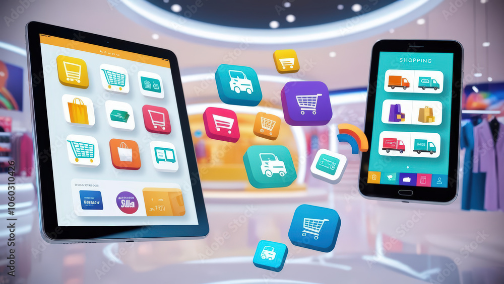 Black Friday Digital shopping icons on devices showcasing online retail options Black Friday Digital shopping icons on devices showcasing online retail options