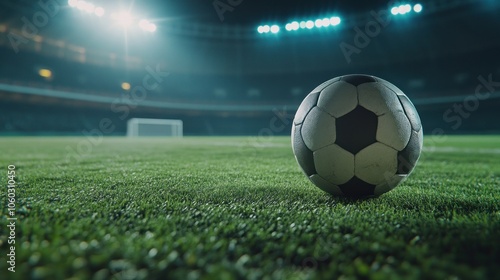 A close-up of a soccer ball on a grassy field in a stadium.