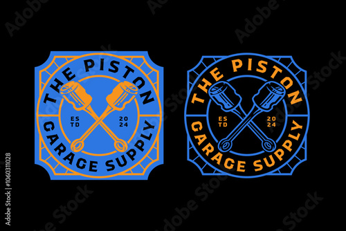 engine cylinder crossed retro badge logo design for garage, workshop, spare part, extreme sport. piston mechanism crossed emblem logo collection for racer, motorcycle, rider, mechanic
