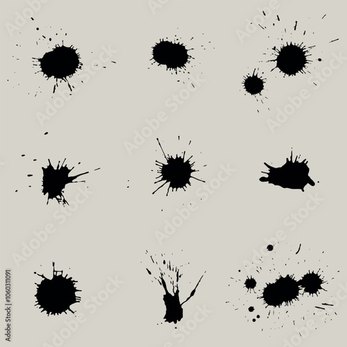 Ink drops and splashes, blotter spots, liquid paint drips, splatters create an artistic, dirty grunge abstract spot vector set, illustrated as monochrome drips and messy inkblots.