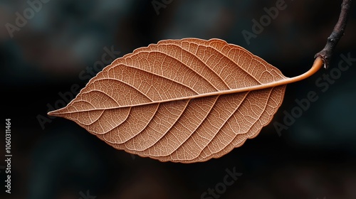 Close-up view of a dry brown leaf with detailed vein structure on a dark background photo