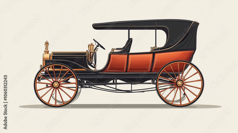 Front view illustration of an ornate horse-drawn carriage with intricate wheels, set against a white background. Front view illustration of an ornate horse-drawn carriage with intricate wheels, set against a white background.