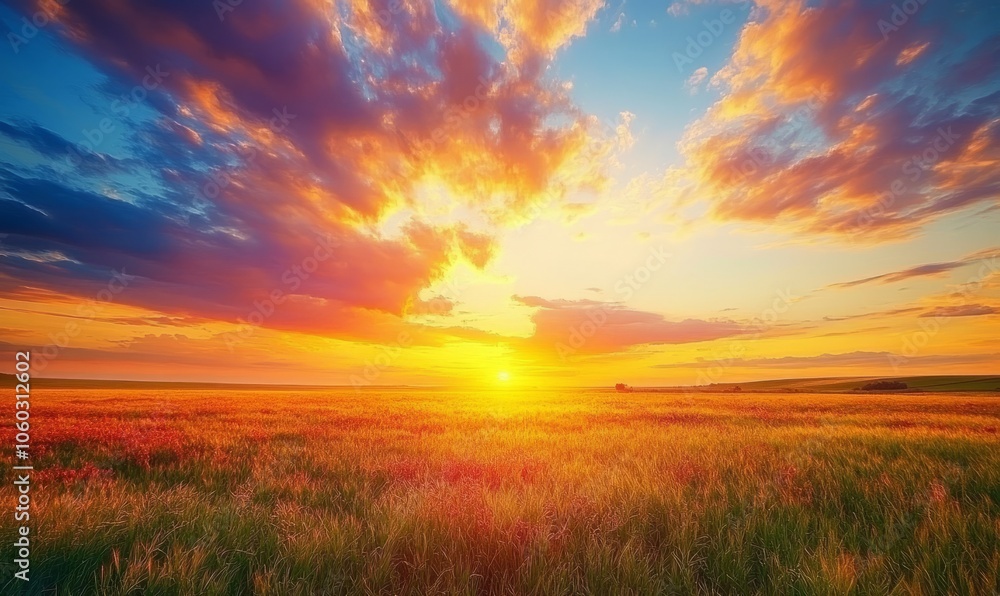 A breathtaking sunset casts bright colors across the sky, transforming the horizon above a vast open field into a vibrant display of nature's beauty A breathtaking sunset casts bright colors across the sky, transforming the horizon above a vast open field into a vibrant display of nature's beauty