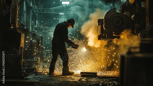 A worker in a steel mill uses a blowtorch to heat a piece of metal, sparks fly, and a dark smoke billows up in the air. photo