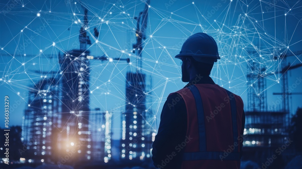 A construction worker stands against a backdrop of a cityscape with construction cranes and a network of interconnected dots representing technology and communication. A construction worker stands against a backdrop of a cityscape with construction cranes and a network of interconnected dots representing technology and communication.