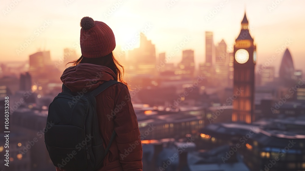 Young Woman Looking Over the City of London at Sunset Young Woman Looking Over the City of London at Sunset