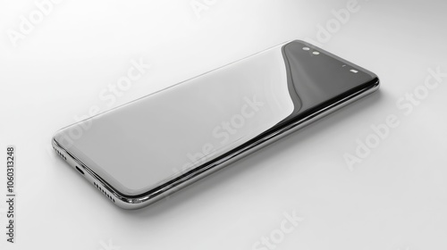 Detailed 3D render of a modern smartphone with a sleek, minimalist design, lying flat on a pristine white background. 