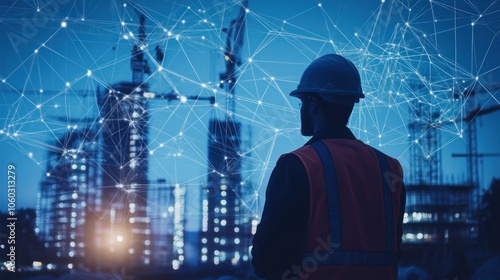 Wallpaper Mural A construction worker stands against a backdrop of a cityscape with construction cranes and a network of interconnected dots representing technology and communication. Torontodigital.ca