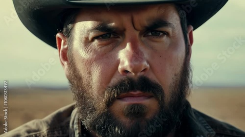 Rugged brutal cowboy portrait in hat, looking at camera. Intense gaze. American wild West history. Adventure, rural life, tradition. Surovoy man head shot close up. Western bandit guy.