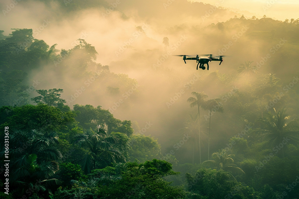Naklejka premium Drone flying in the sky over nature during observation