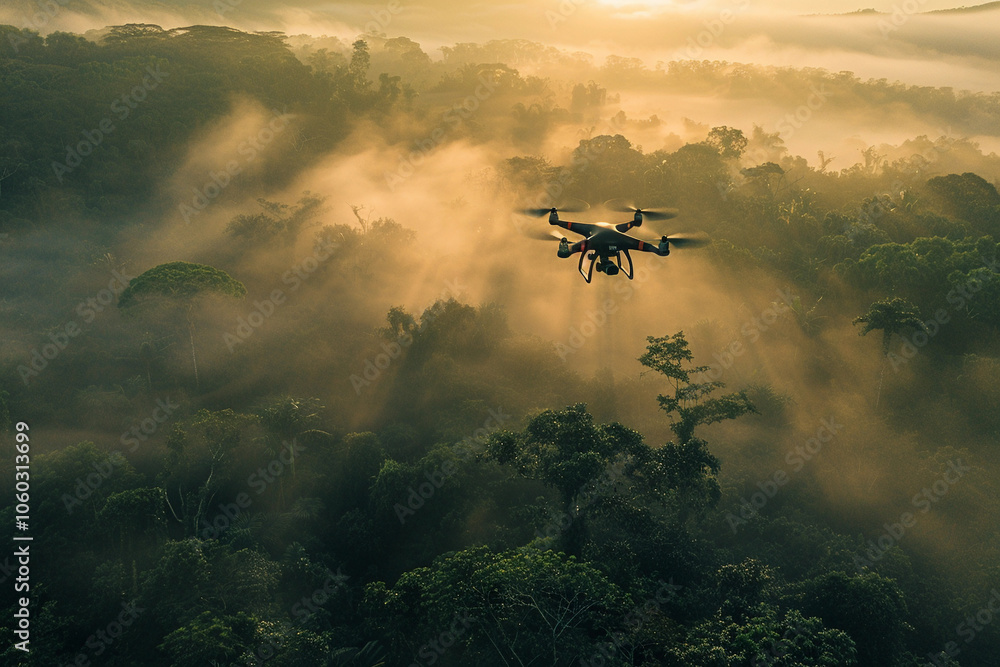 Fototapeta premium Drone flying in the sky over nature during observation