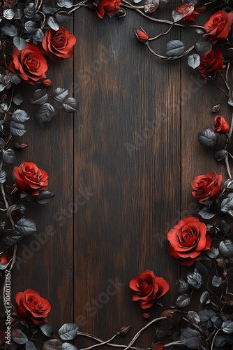 Elegant arrangement of red roses and dark leaves frame on rustic wooden background for romantic themes and design inspiration