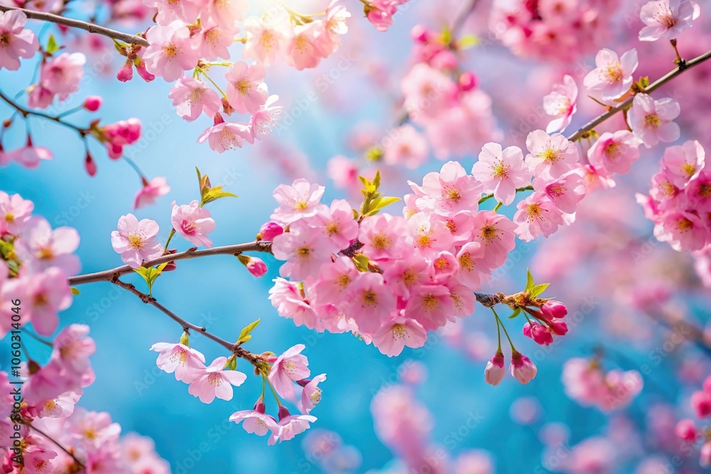 Vibrant cherry blossom branches against a soft blue sky with delicate pink petals scattered throughout, colorful, illustration, abstract