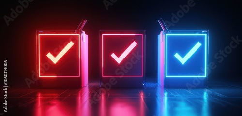 Detailed icon of a voting box in 3D with ballot slot and check mark.
