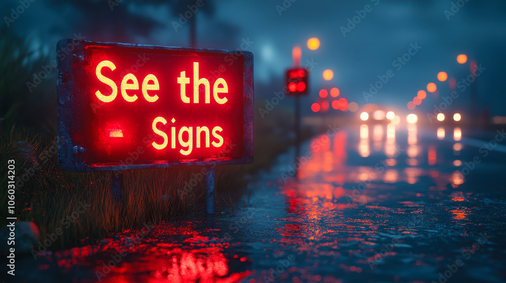 Warning Signs in Stormy Night - Illuminated Highway Safety Alert Visual Concept Warning Signs in Stormy Night - Illuminated Highway Safety Alert Visual Concept