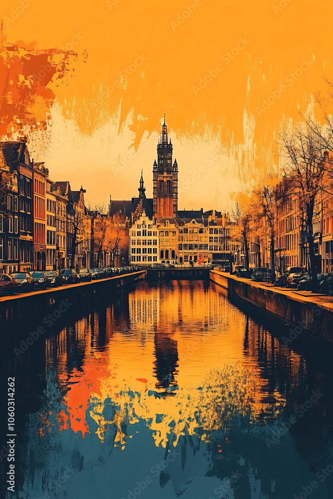 Fototapeta premium Antwerp, Belgium, Pop Art style theme print. Cityscape, city skyline.Vibrant, bright, modern, trendy, graphic designed for poster, card, wallpaper