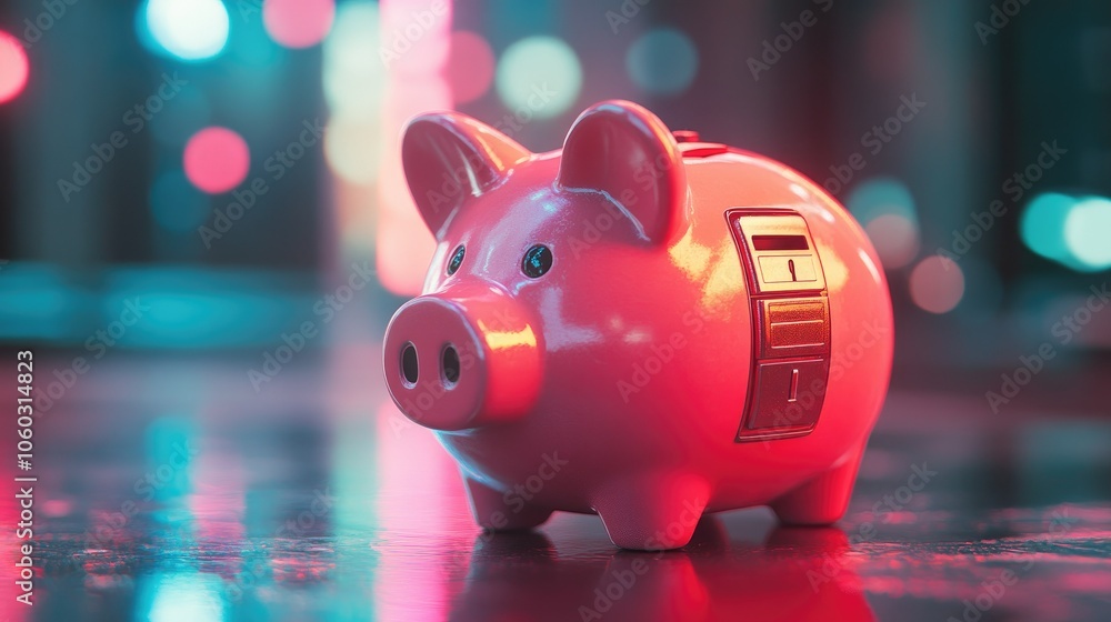 Close-up of piggy bank with digital lock on a bright surface, representing savings security. Close-up of piggy bank with digital lock on a bright surface, representing savings security.